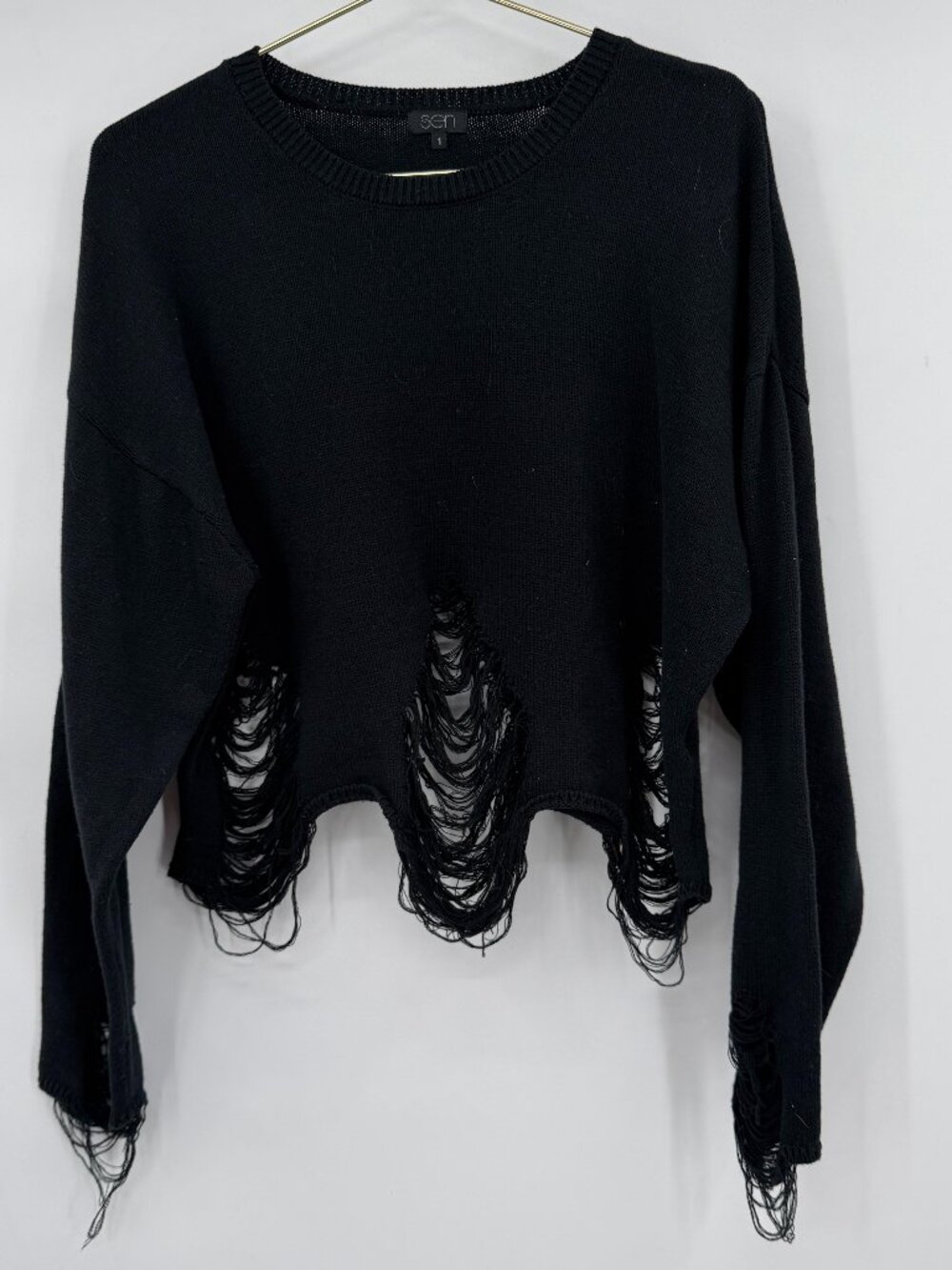 SEN Black Distressed Cropped Sweater Size 1 Grunge Edgy Raw Hem Destroyed Knit